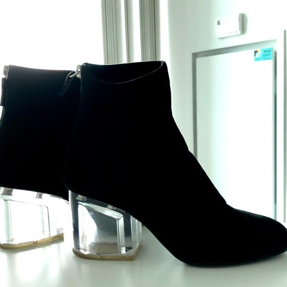 Steve Madden Lusty Clear Heel Black Suede Sock Booties, Size US 7.5, with box - Picture 8 of 9